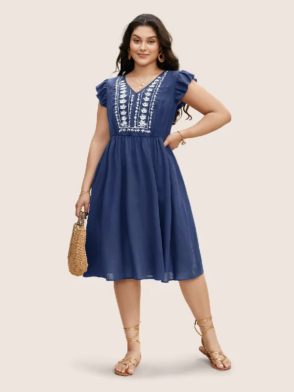 sophisticated dressFloral Embroidered V Neck Ruffle Cap Sleeve Dress