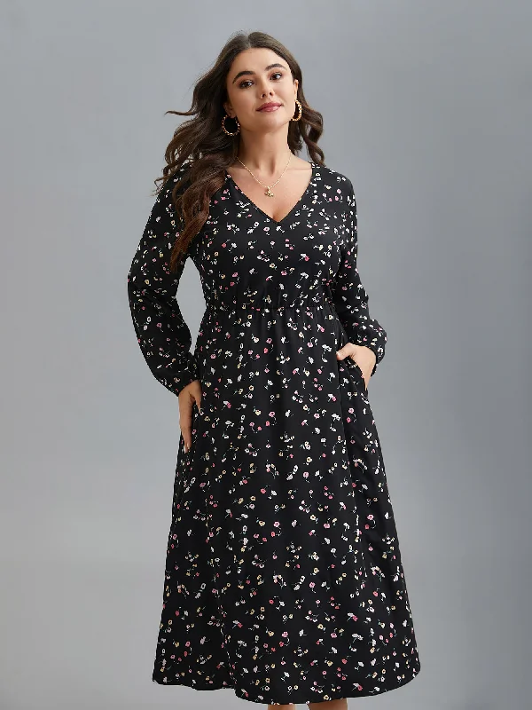 classic fit-and-flare dressFloral Print V-Neck Waist-Defined Midi Dress