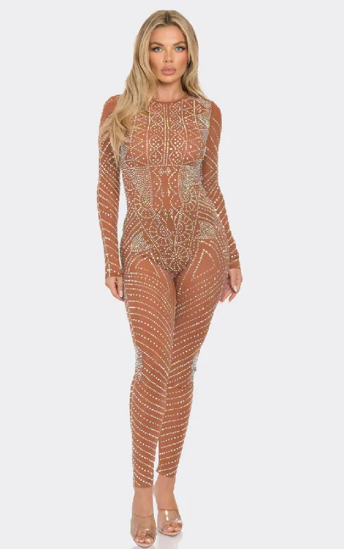 romantic dressStunning Rhinestone Sheer Mesh Long Sleeve Jumpsuit