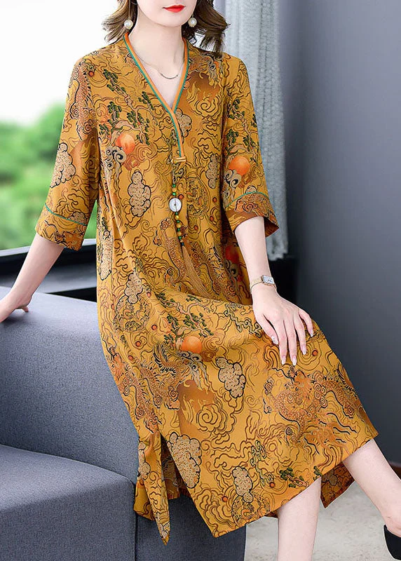 comfy maxi dressYellow Print Patchwork Silk Mid Dresses Tasseled V Neck Summer