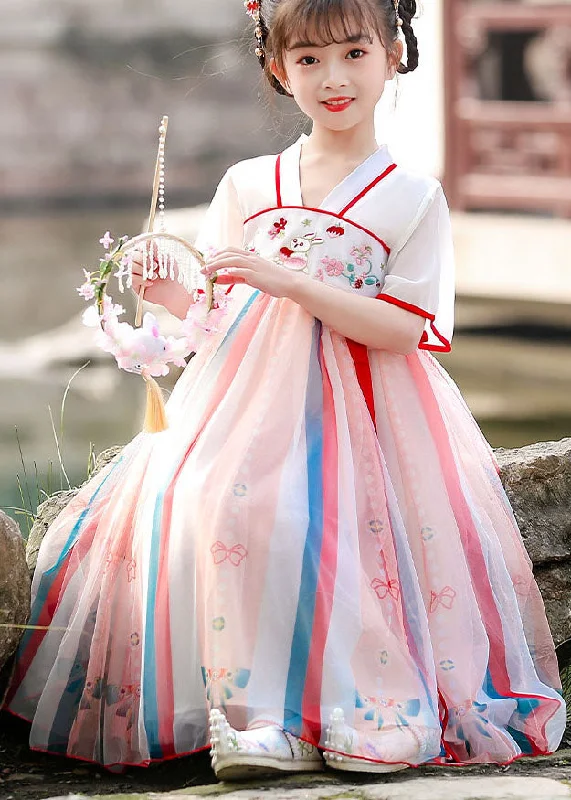 bodycon dressChinese Style Red Embroideried Wrinkled Patchwork Chiffon Kids Girls Dresses Summer