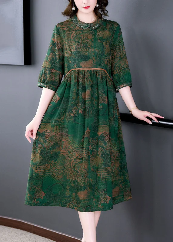 chic dressItalian Green Peter Pan Collar Print Wrinkled Patchwork Silk Dresses Summer