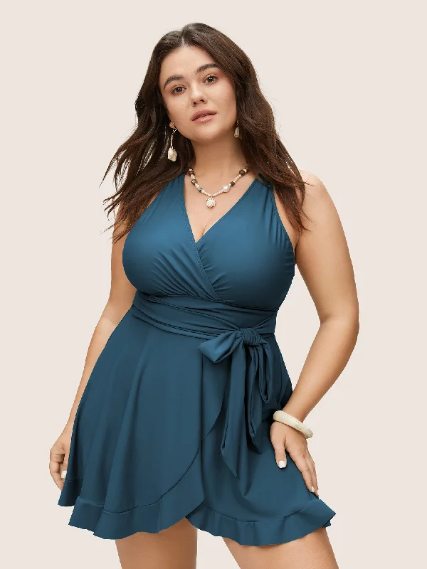 elegant evening dressPlain Ties Wrap Flutters Swim Dress