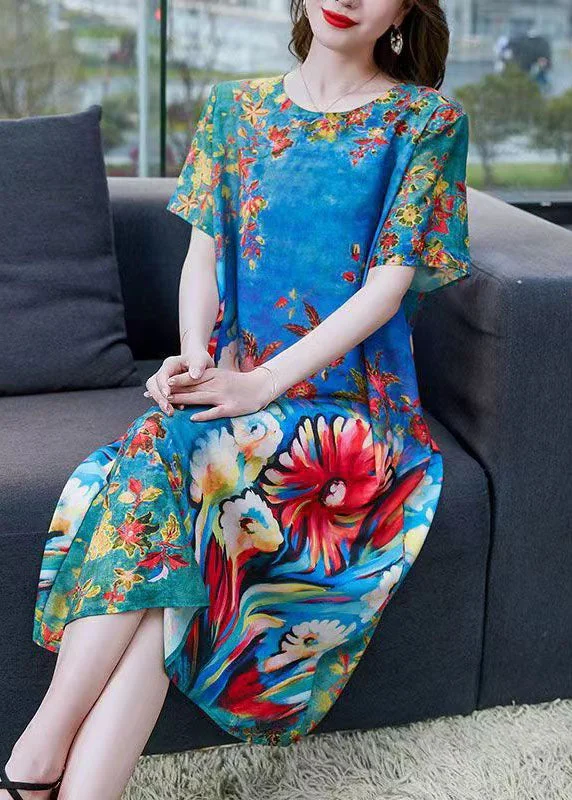 statement dressNatural Blue O Neck Print Patchwork Chiffon Dress Summer