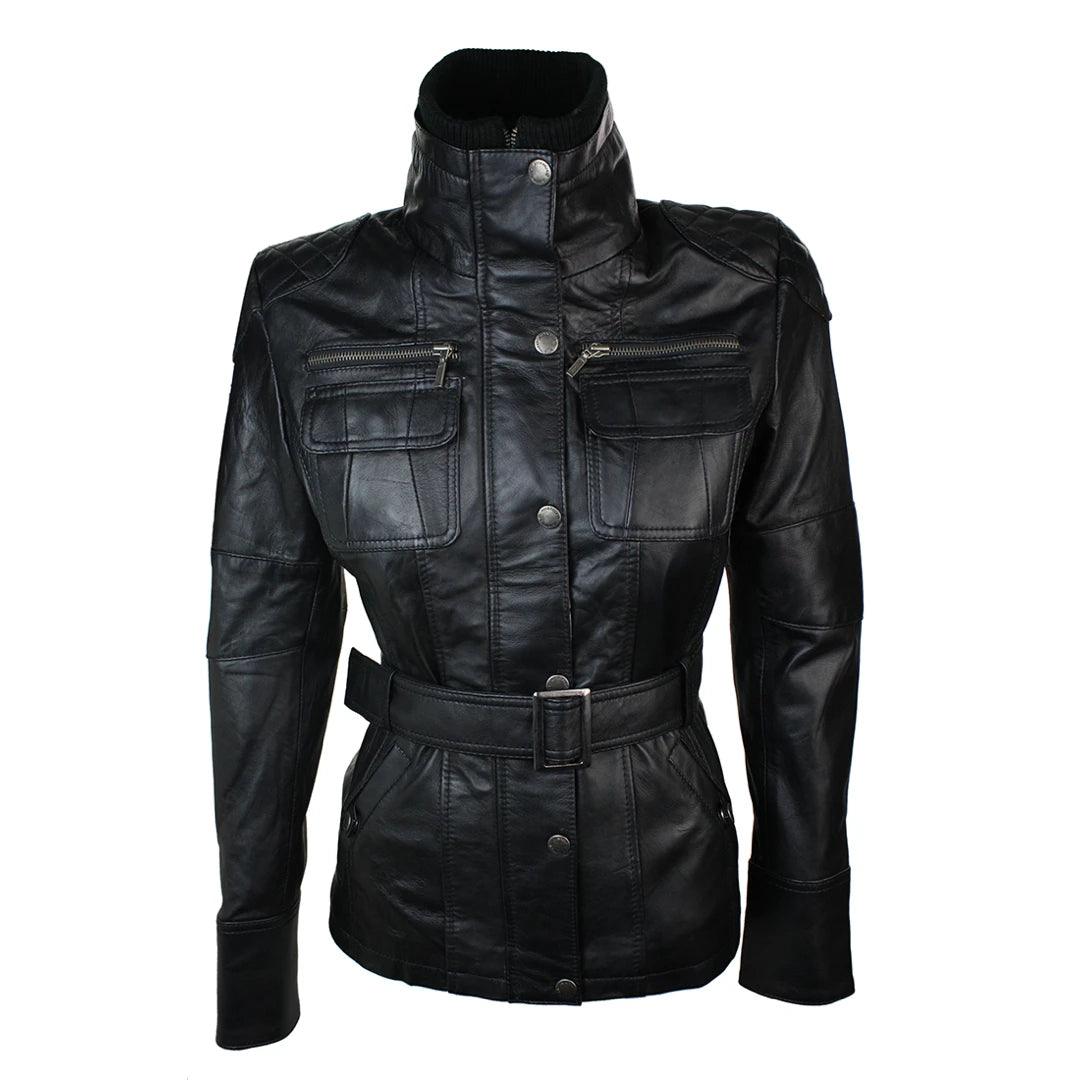 stylish raincoatLadies Women 100% Black Leather Jacket Coat Military Chinese Collar Vintage Slim