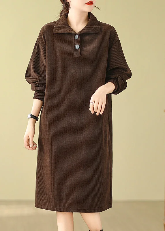 boho-chic dressBoutique Casual Coffee Hign Neck Button Corduroy Dress Fall