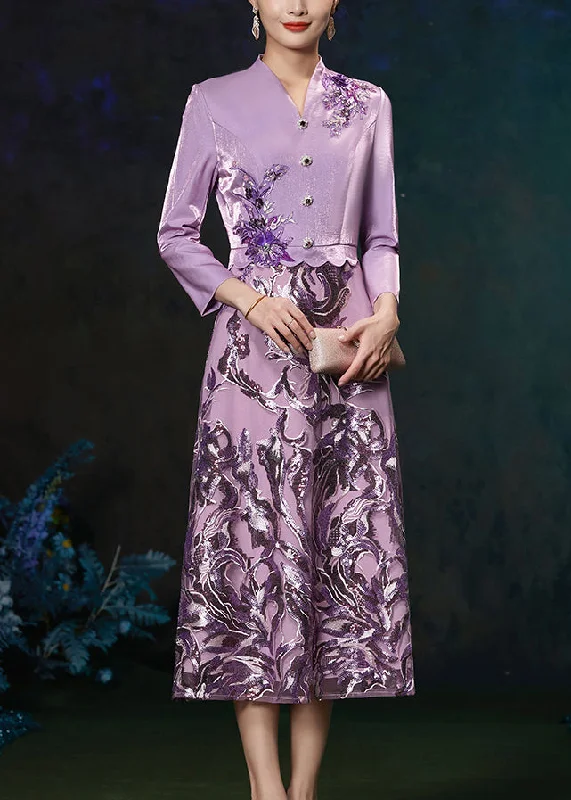 chic shift dressFrench Purple V Neck Embroidered Patchwork Silk Long Dresses Fall