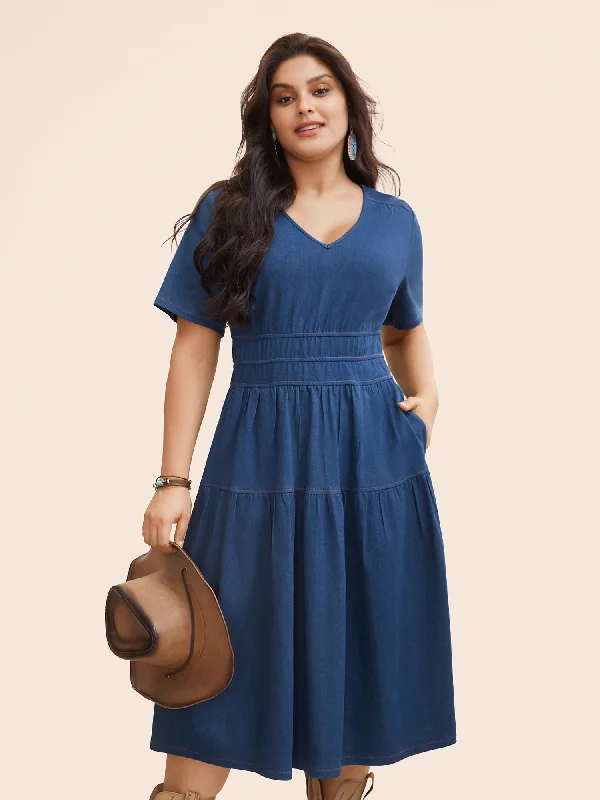 structured dressStretch Denim Pockets Tiered Midi Dress