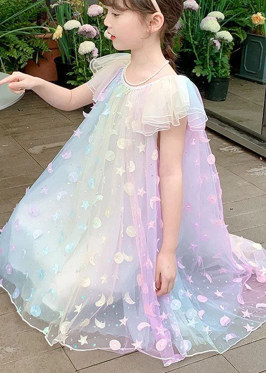 wool dressCute Rainbow Sequins Wrinkled Patchwork Tulle Kids Girls Princess Dress Summer