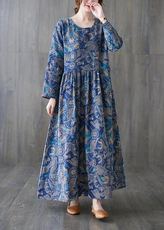 wrap-around dressChic Blue O-Neck Print Patchwork Long Dress Summer