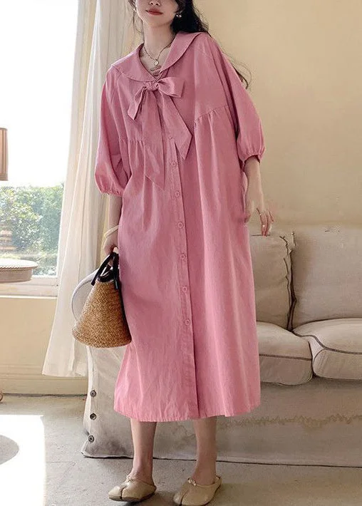 cocktail dressLoose Pink Lace Up Button Cotton Blouses Dress Long Sleeve