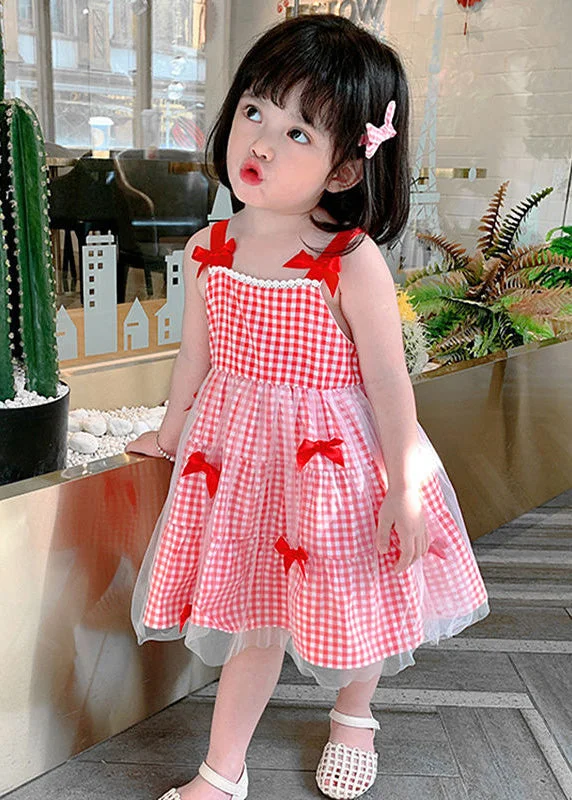 modern dressElegant Red Plaid Patchwork Tulle Kids Slip Long Dress Summer