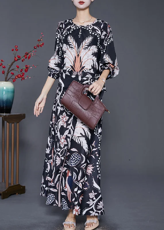 fitted bodycon dressElegant Black Cinched Print Silk Beach Long Dresses Fall