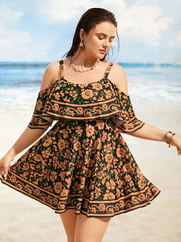 lace-up dressFloral One Shoulder Neck Ruffles Swim Dress