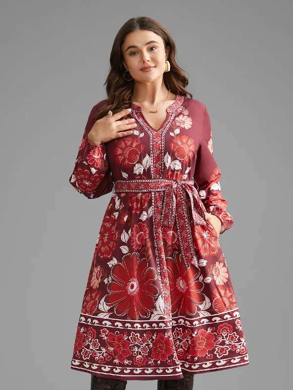 midi dressBoho Print Belted Lantern Sleeve Dress