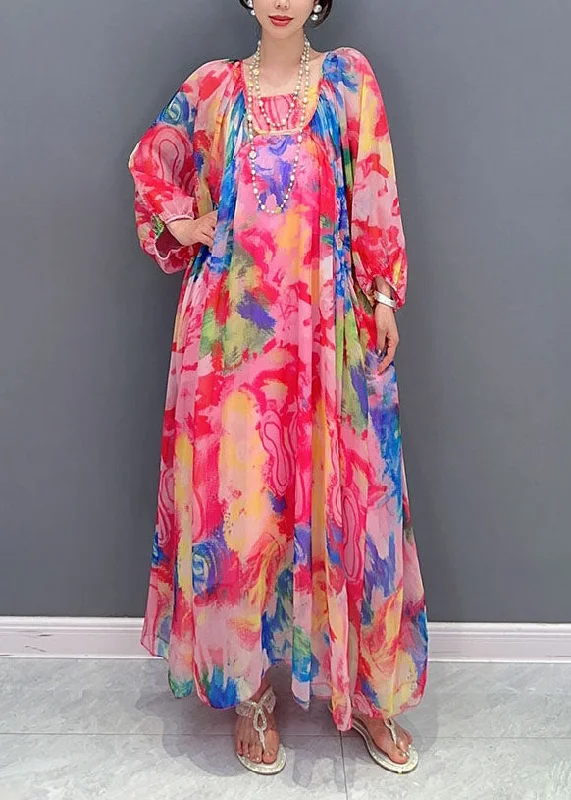 modern dressBoho Floral Wrinkled Lace Up Patchwork Chiffon Long Dress Summer