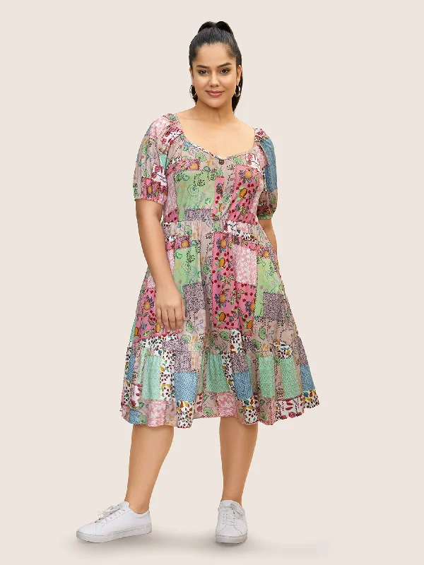 cocktail party dressPatchwork Boho Print Raglan Sleeve Midi Dress