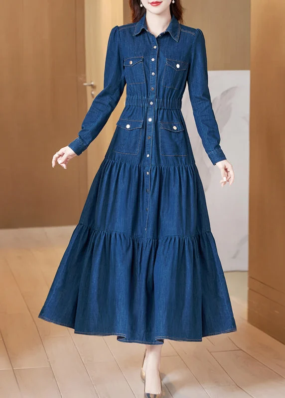 v-neck dressClassy Blue Peter Pan Collar Wrinkled Patchwork Denim Dress Long Sleeve