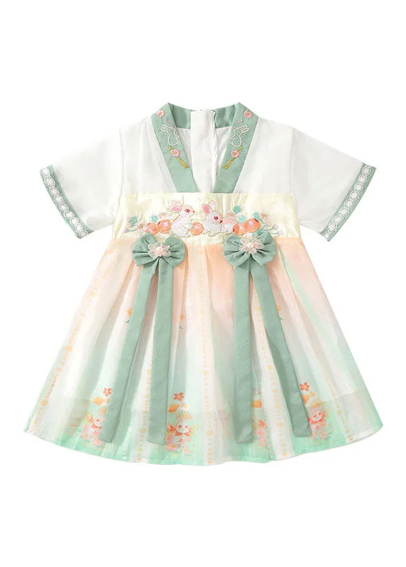 elegant evening dressHandmade Green Embroideried Patchwork Chiffon Baby Girls Dresses Summer