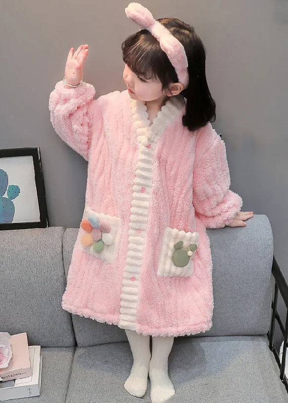 trendy mini dressArt Pink Button Patchwork Fluffy Girls Pajamas Dress Long Sleeve