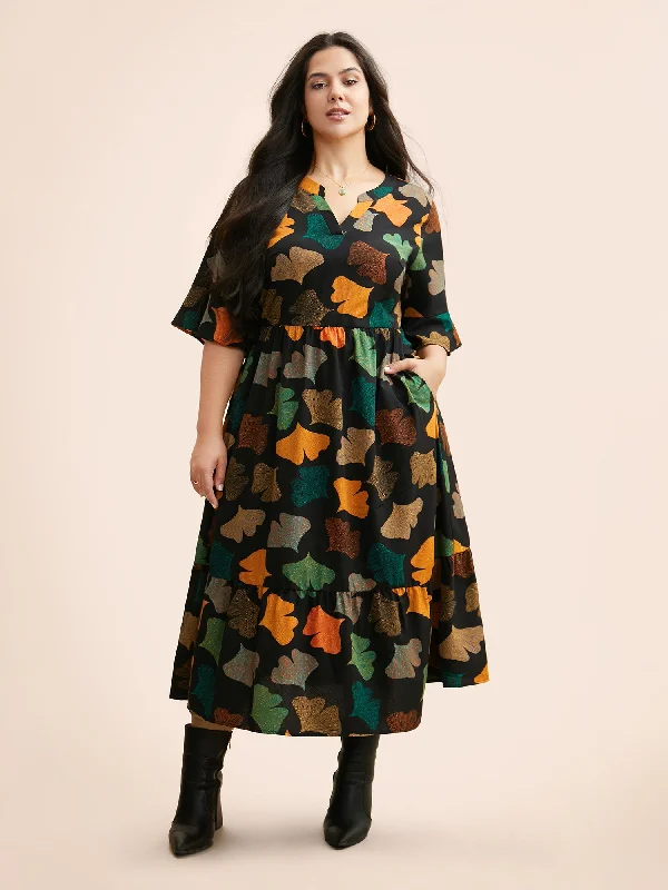 luxury dressFloral Print Notched Ruffle Sleeve Dress