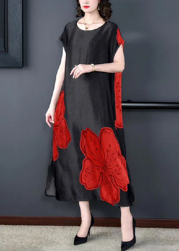 office dressWomen Red O Neck Print Side Open Patchwork Silk Long Dresses Summer