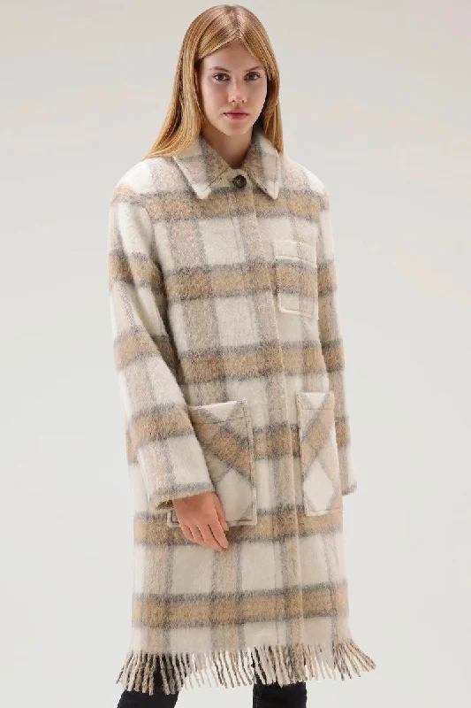 lightweight winter coatBrushed Wool Long Overshirt with Fringe Cream Check