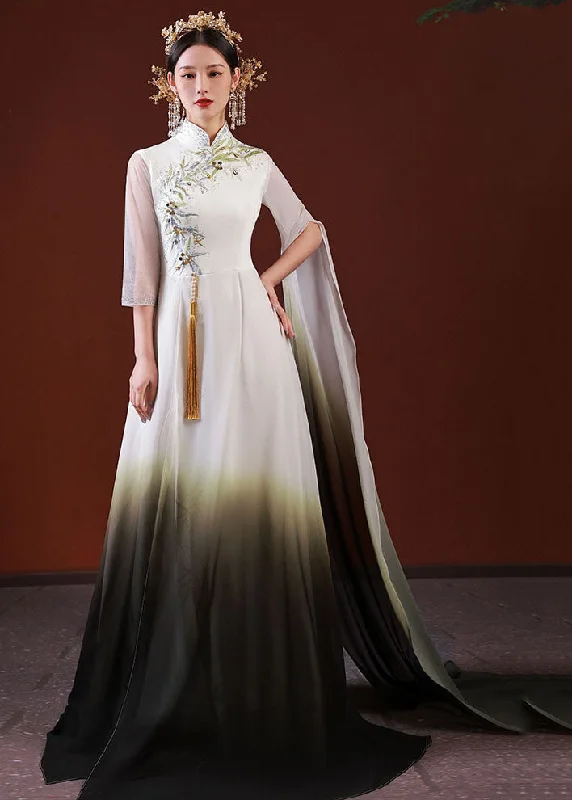 high-waisted dressStylish White Gradient Color Embroidered Patchwork Silk Long Dress Half Sleeve