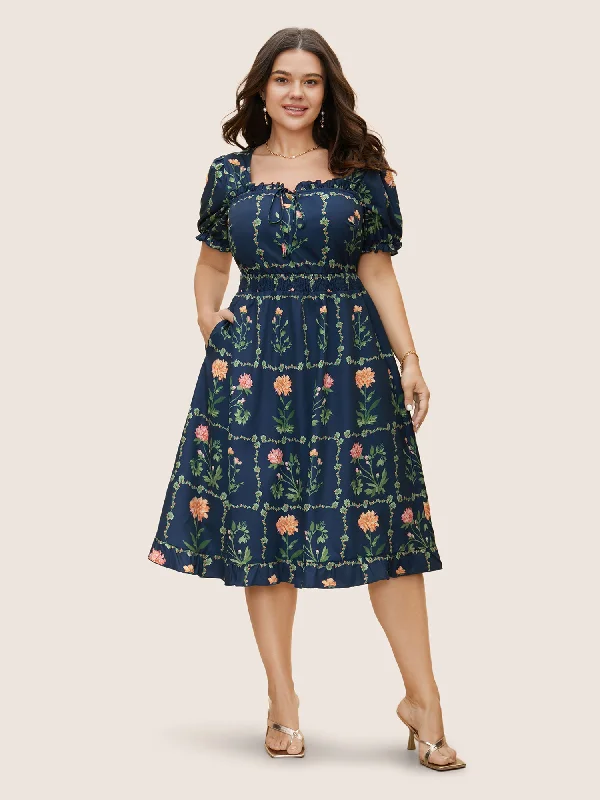 denim dressBoho Print Tie Knot Shirred Lantern Sleeve Dress