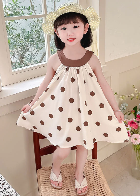 minimalistic dressUnique Coffee O-Neck Dot Print Wrinkled Kids Chiffon Strap Dress Summer