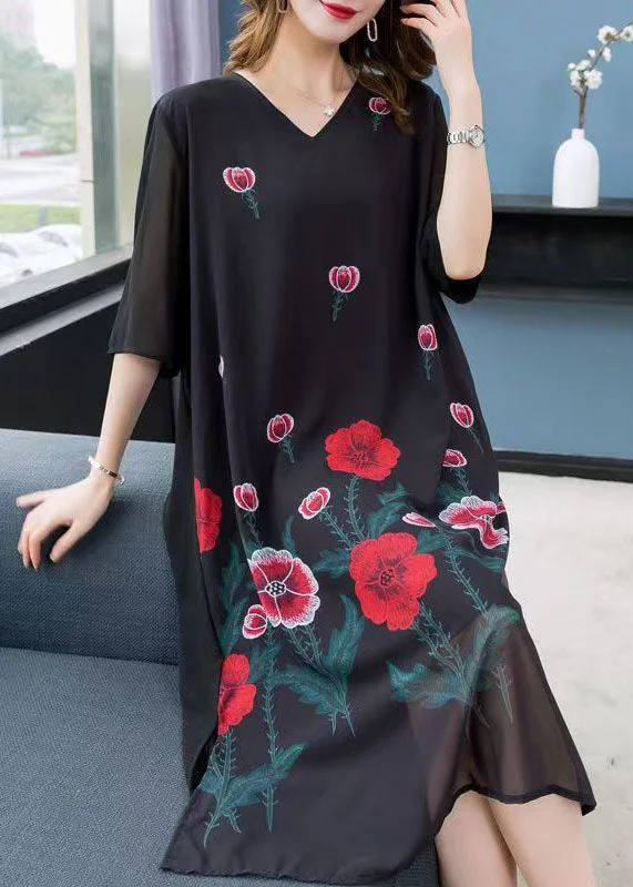 casual dressBohemian Black V Neck Rose Patchwork Chiffon Dress Summer