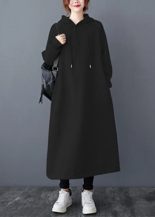 elegant maxi dressCasual Black Hooded Patchwork Warm Fleece Long Dresses Winter