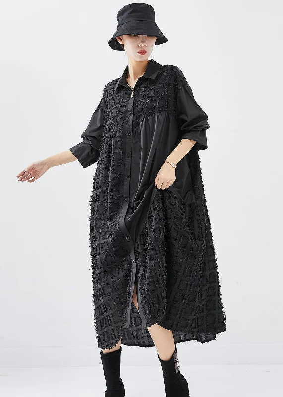 stylish dressFrench Black Oversized Patchwork Cotton Holiday Dress Fall