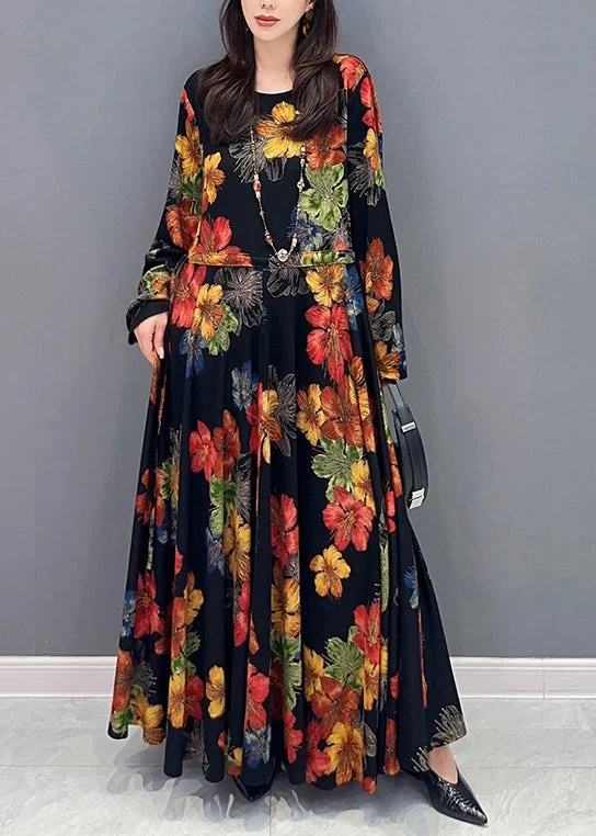 lace-up dressUnique Floral O Neck Wrinkled Patchwork Cotton Long Dress Fall