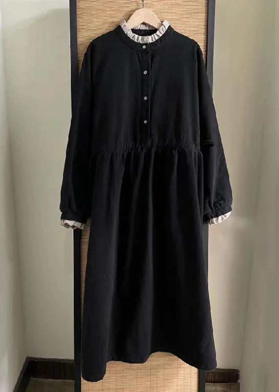 wrap dressLoose Black Ruffled Button Cotton Long Dress Spring