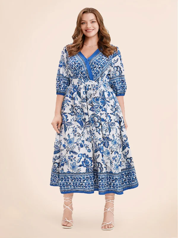 elegant shift dressBandana Print Surplice Neck Lantern Sleeve Pocket Belted Midi Dress