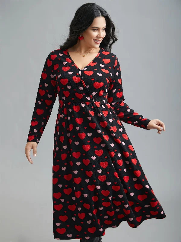 A-line dressWrap Neck Hearts Print Knit Dress