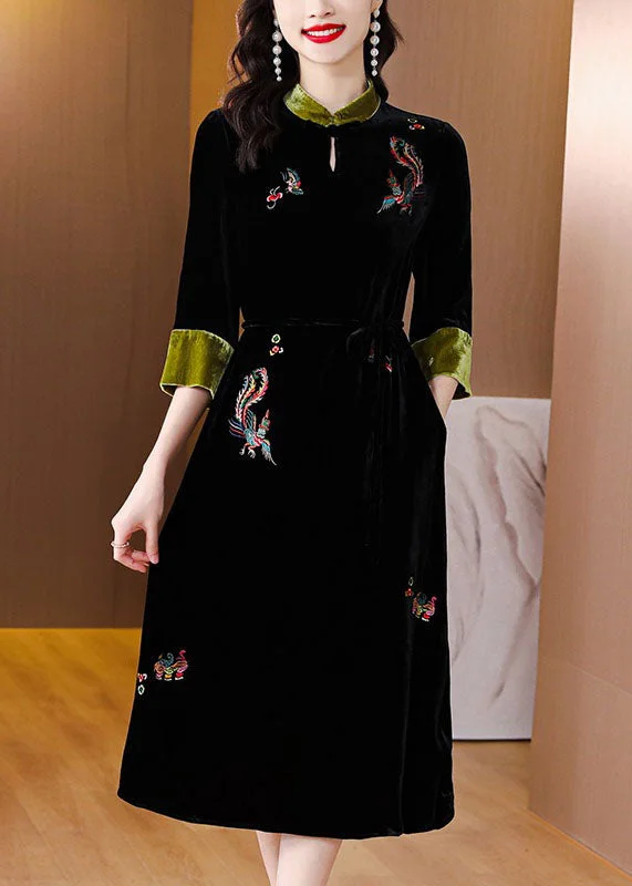 ashionable dressHandmade Black Stand Collar Embroidered Pockets Silk Velour Long Dresses Long Sleeve