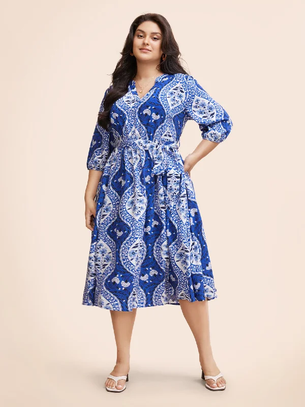 bodycon dressBoho Print Notched Collar Belted Gathered Dress