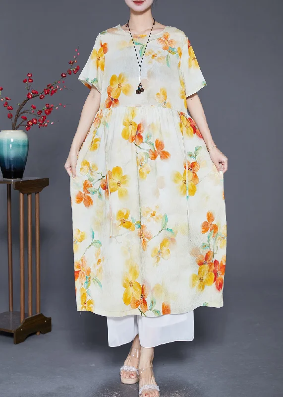 midi dressApricot Print Linen Dress Oversized Exra Large Hem Summer