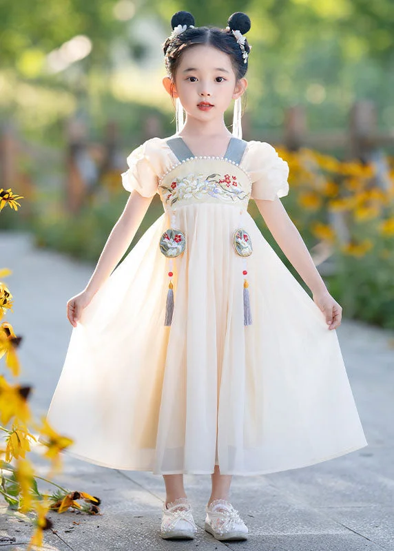 casual day dressSimple Yellow Tasseled Embroideried Nail Bead Patchwork Baby Girls Dress Summer