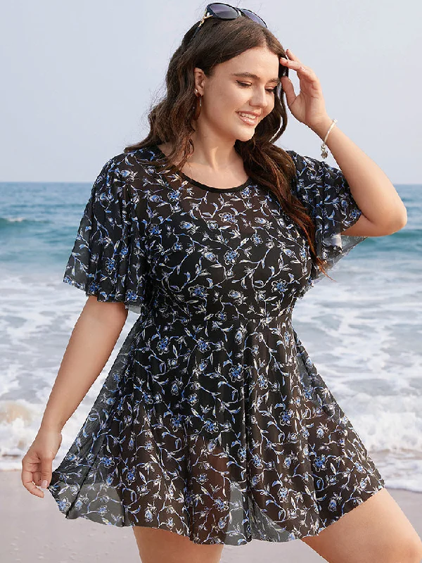 silk dressDitsy Floral Ruffle Sleeve Cut Out Swim Dress