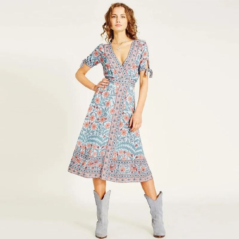 relaxed fit dressJuliaFashion-Deep V Neck Wrap Gypsy Boho Dress