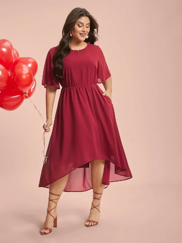 flowy dressHi-Low Hem Plain Ruffle Sleeve Dress