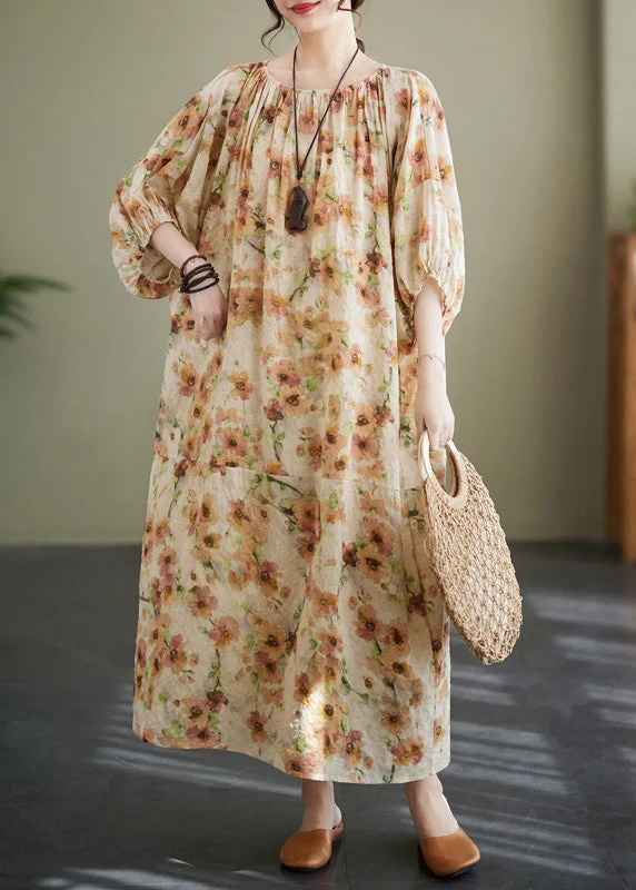 casual shift dressPlus Size Apricot Print Wrinkled Robe Dress Summer