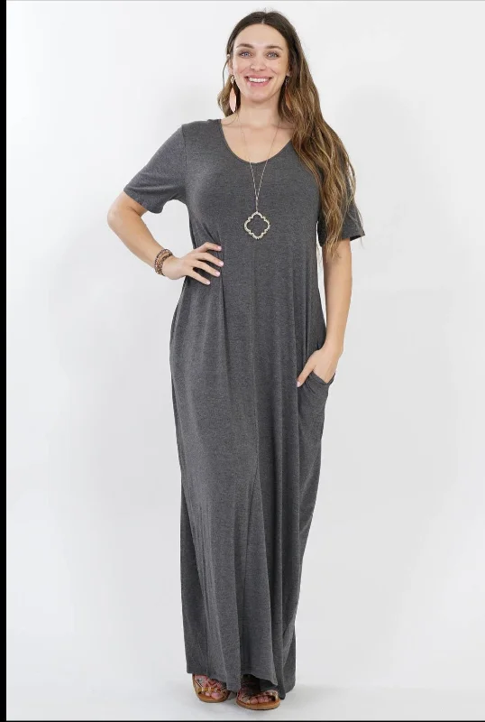 satin midi dressCharcoal plus size short sleeve maxi dress with pockets