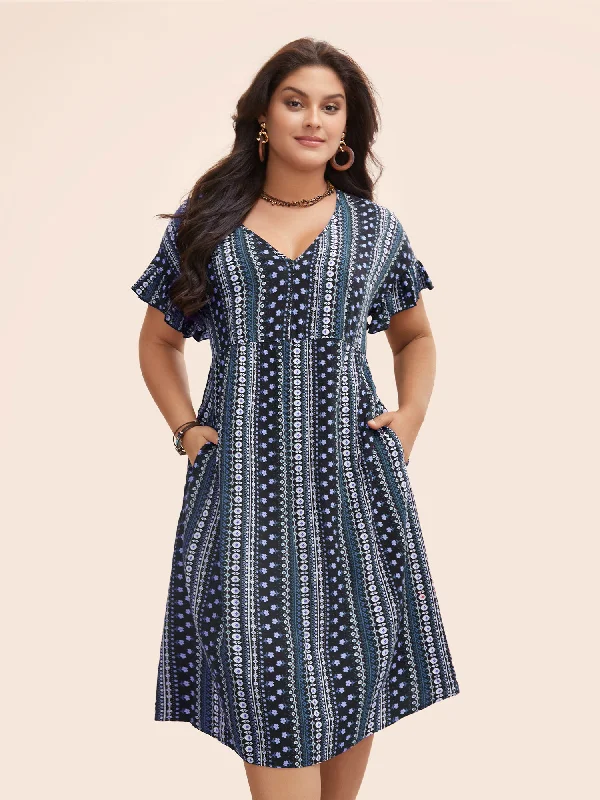 sleeveless dressBandana Print Pocket V Neck Ruffle Sleeve Dress