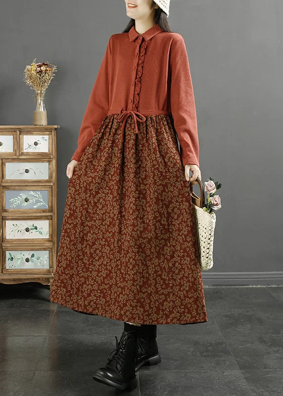 casual summer dressOrange Button Tie Waist Cotton Dress Peter Pan Collar Fall