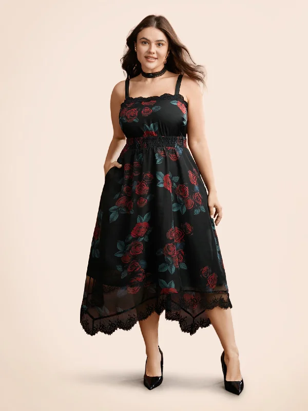 ruched dressCami Lace Floral Waist Cinching Midi Dress