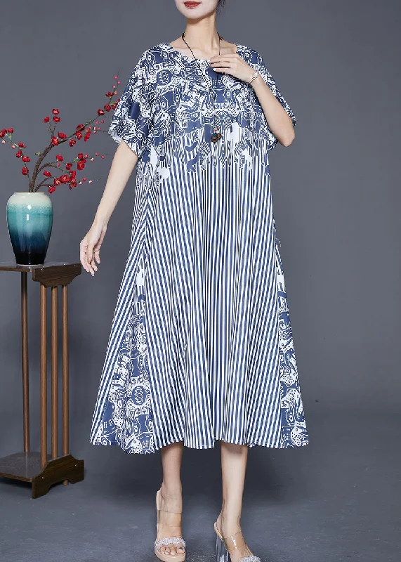 spaghetti strap dressFashion Blue Striped Patchwork Exra Large Hem Silk Robe Dresses Summer